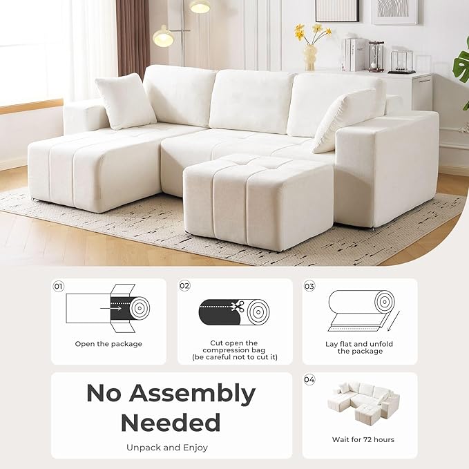 105 Cloud Modular Sectional CouchChenille Boneless Couches with Deep SeatUpholstered U-Shape Sofa with Chaise Sectional Couch with Ottoman No Assembly Required (Beige Left Facing Chaise)
