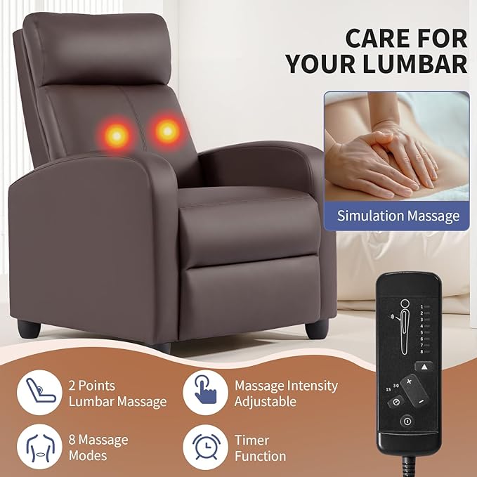 BestMassage | Recliner Chair | with 2 Point Massage Function | Leather Dark Brown | with Lumbar Support Adjustable Push Back Footrest &amp Padded Seat | Easy Assembly | for Living Room Home Theatr