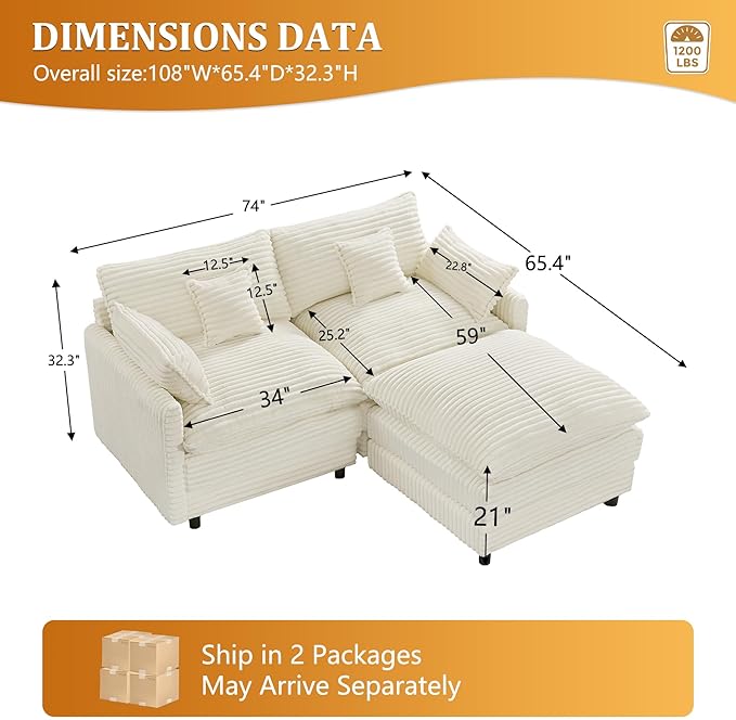 74 Cloud Couch Small Modern Modular Sectional Sofa with Ottoman &amp 4 Throw Pillows L-Shaped 3-Seater Deep Seat Corduroy Sofa Comfy Couch for Living Room Apartment Bedroom Office Beige