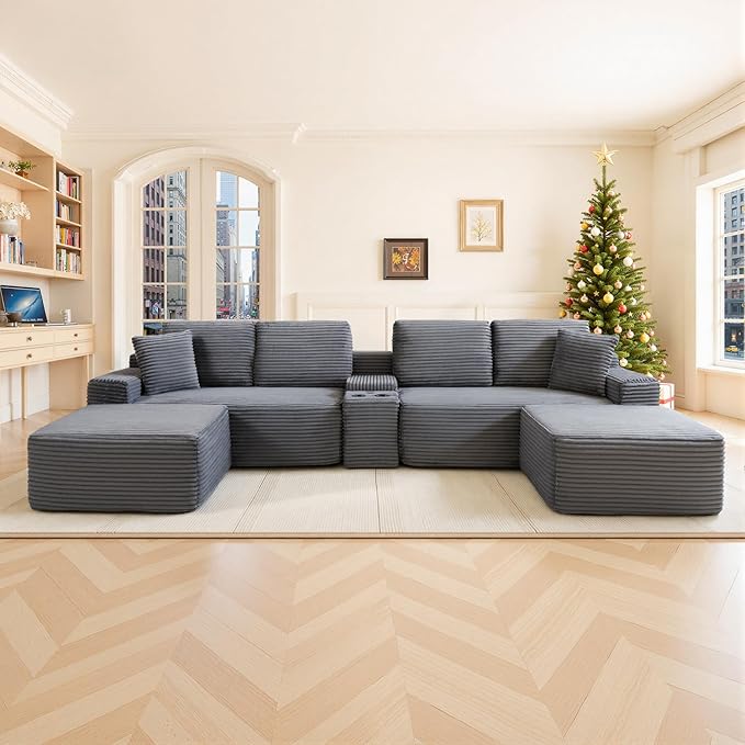 150 Oversized Modular Sectional Sofa Deep Seat Cloud L-Shape Corduroy Couch with Cup Holders USB Ports Wireless Charging &amp Storage Box Upholstered Modular Sleeper Sofa for Living Room (Grey)