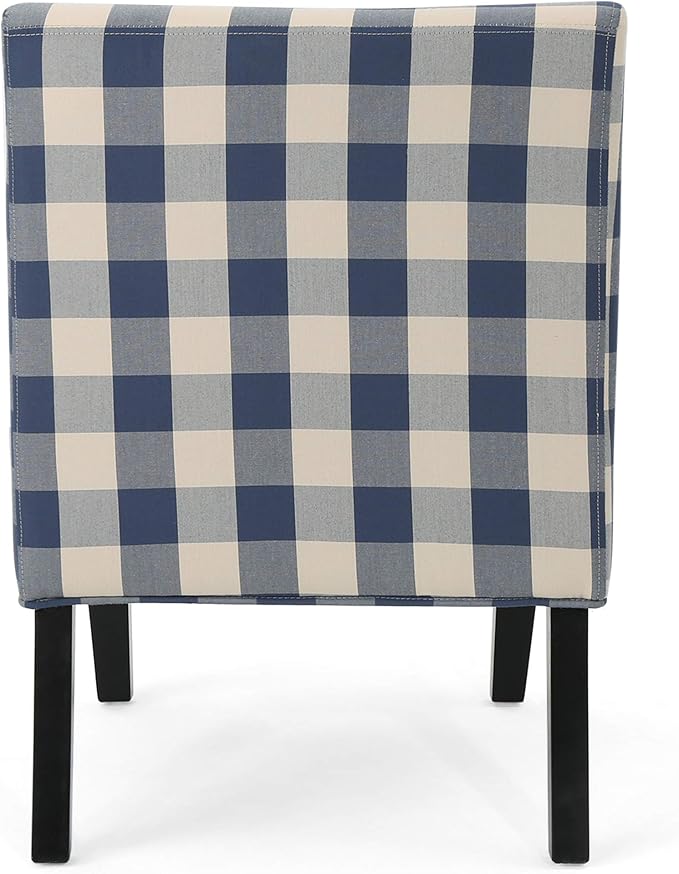 Christopher Knight Home Kendal Accent Chair Upholstered Farmhouse-Style Blue Checkerboard Matte Black Rubberwood Legs 29.2D x 22.5W x 32H in