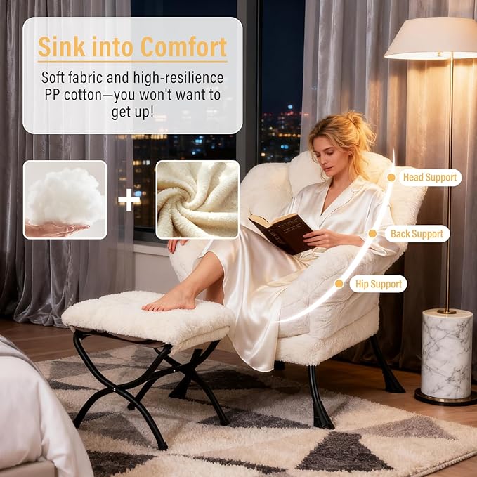 Lazy Chair with Ottoman Modern Accent Chair with Armrests and a Side Pocket Plush Beige Accent Chairs Reading Chairs Oversized Armchairs for Bedroom Study Living Room Courtyard