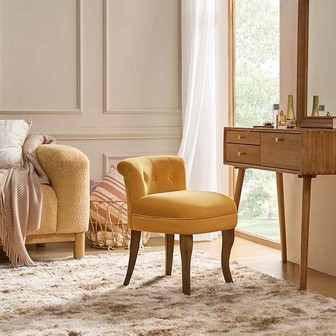 Modern Velvet Vanity Chair with with Solid Wood Legs Upholstered Vanity Stool with Low Back Small Makeup Chair Home Decor for Bedroom Living Room Dressing Table Women Girls