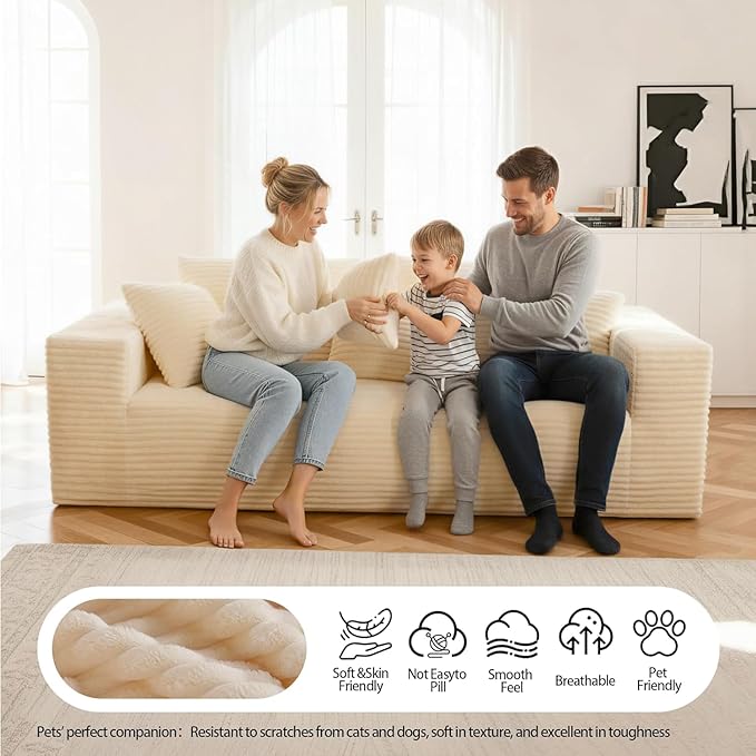 71 Cloud Boneless Loveseat Sofa Couch Bean Bag 3-Seater Couch with Memory Foam Corduroy Comfy Floor Sofa Deep Seat for Living Room Bedroom Apartment No Assembly (White)