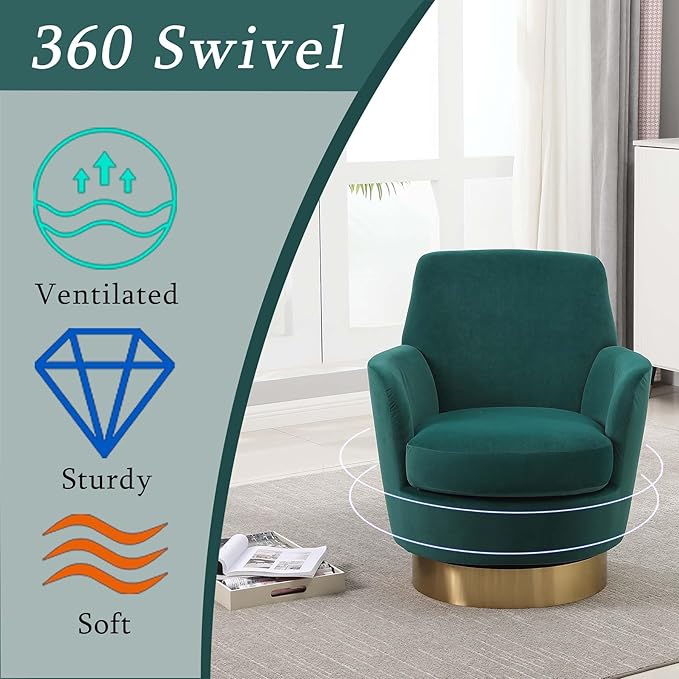 Velvet Swivel Accent Chairs for Living RoomComfy Swivel Barrel Chair with Foam Cushion Round Swivel Chair &amp Boucle Swivel Chair with High Back Round Armrest Gold Base (Green)