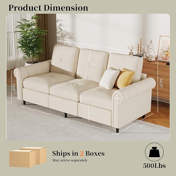 81.1 Modern Fabric Sofa Couch 3-Seater Beige Upholstered Sofa with Rolled Arms and Stitch-Tufted Cushions Comfortable Living Room Furniture for Home or Apartment