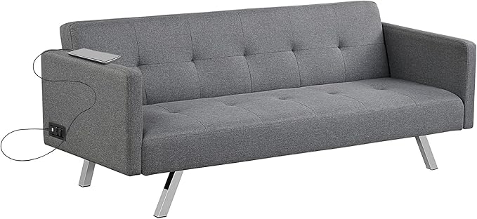 Giantex Convertible Futon Sofa Modern 3 Seat Sofa Bed with USB and Power Strip Folding Loveseat Linen Fabric Lounge Couch for Apartment Dorm Easy Assembly (Grey)