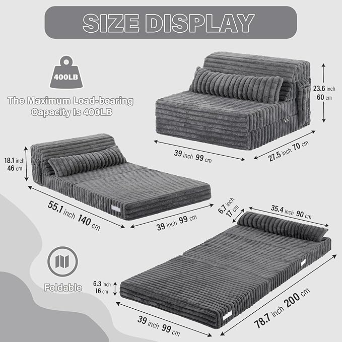 Tiita Folding Sofa Bed Twin Size Convertible Sleeper Chair Mattress with Pillow Thick Corduroy Floor Mattress Couch Bed with Side Pocket Guest Room Dorm Apartment Grey
