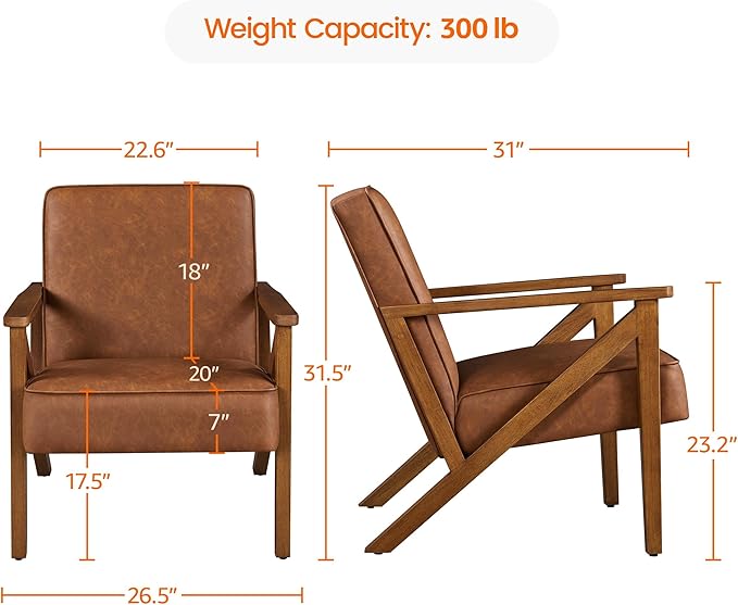 Topeakmart PU Leather Accent Chair Modern Mid Century Armchair Sofa Chair with Wooden Frame and Sturdy Legs for Living Room 1/Light Brown