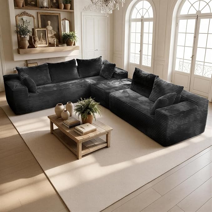 135'' Boneless Couches for Living Room Oversized V-Shaped 6-Seat Faux Fur Convertible Modular Sectional Cloud Sofa 4-in-1 Flexible Combination Deep Seat Corner Large Couch No Assembly Dark Grey