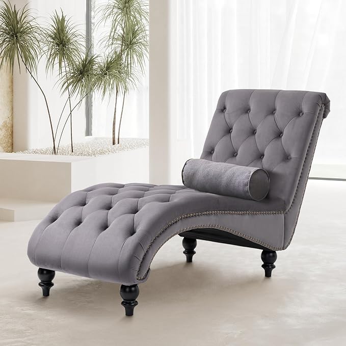 Velvet Chaise Lounge Chair Indoor Comfy Upholstered Chaise Lounge with Pillow and Solid Wood Legs Button Tufted Leisure Sofa Recliner for Living Room Bedroom Office Apartment(GY)