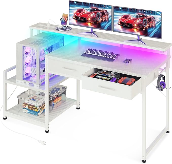 ODK Gaming Desk with Led Lights &amp Power Outlet 48 Inch Computer Desk with Drawers Office Desk with Large Display Storage Shelves Reversible Desk with Monitor Stand for Home Carbon Fiber White
