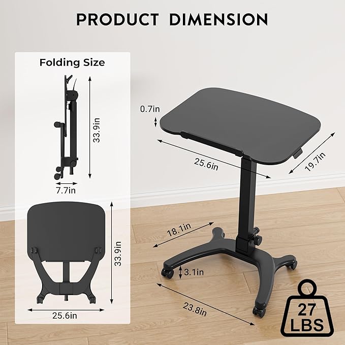 BONTEC Mobile Foldable Standing Desk Portable Adjustable Height Desk with Gas Spring Small Rolling Laptop Desk with Wheels for Home Office Bedroom and Medical Use 25.6 x 19.7 Desktop Black