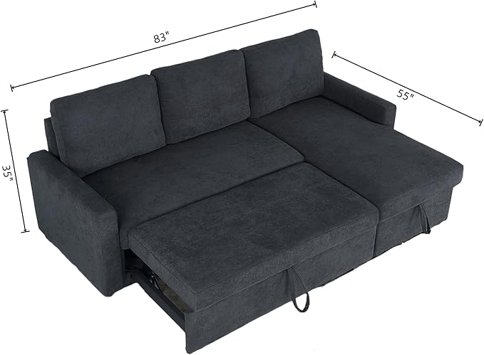 Sleeper Sofa Couch with Pull Out Bed L Shaped Couch Bed with Storage Sectional Sleep Couches Convertible Sleeper Sofa Beds W/Reversible Chaise&ampBack Cushion for Living Room Black