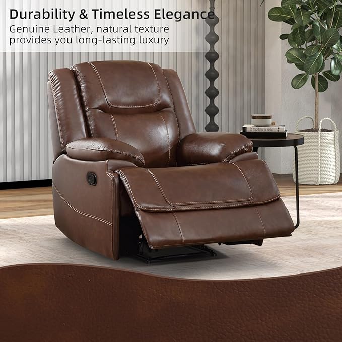 EBELLO Genuine Leather Recliner Manual Chair for Living Room 1 Seater Reclining Sofa Chair with Headrest and Armrest Modern Durable Home Furniture for Small Space Meeting Room Vintage Brown