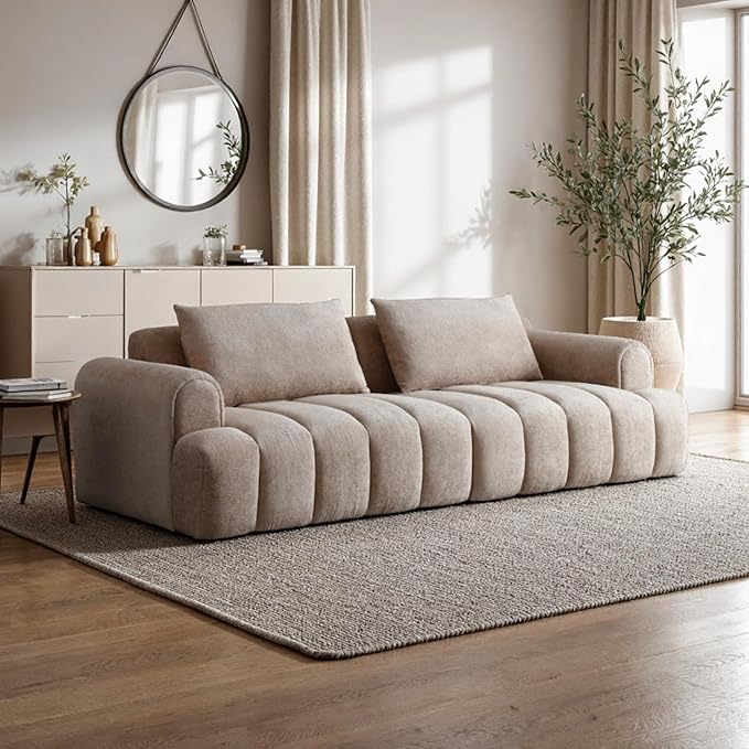 Minimalist Wabi Sabi Sectional Sofa Couch Modern Oversized 4-Seater Sofa Teddy Velvet Comfy Couch for Living Room Apartment Camel