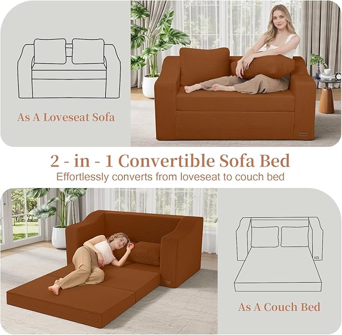 MeMoreCool Convertible Sofa Bed Pull Out Loveseat Sofa Sleeper Couch for Bedroom Living Room Lounge 2 in 1 Small Couch Bed with Pillow Foldable Love Seat Futon Corduroy Orange