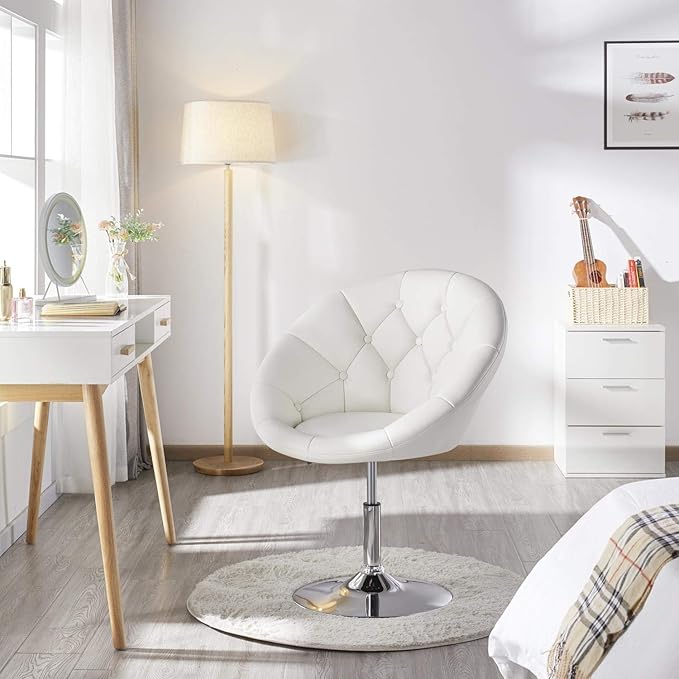Yaheetech Adjustable Vanity Chair with Round Tufted Back Swivel Leather Salon Chair for Bedroom Living Room Office White