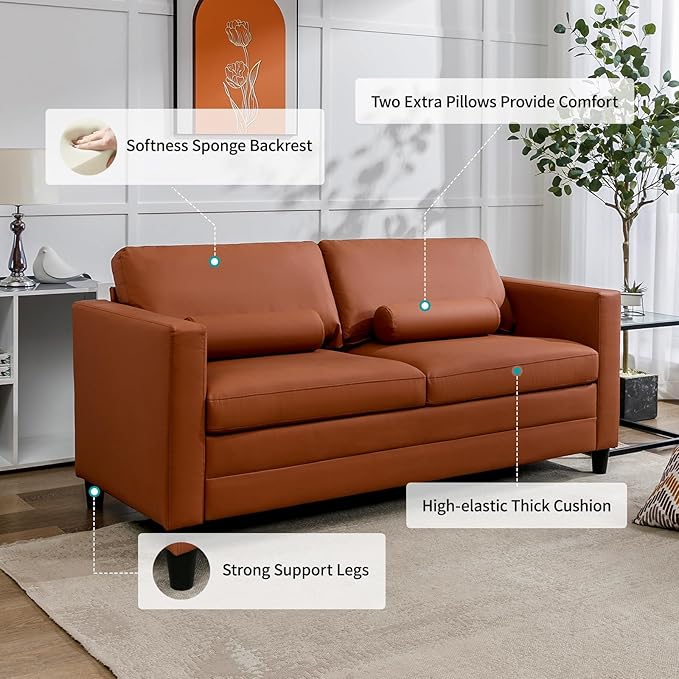 BALUS 73 Wide Full Size Pull Out Sofa Bed Convertible Sleeper with Memory Foam Mattress Modern Faux Leather Loveseat Couch for Apartment Living Room Includes 2 Bolster Pillows - Cognac