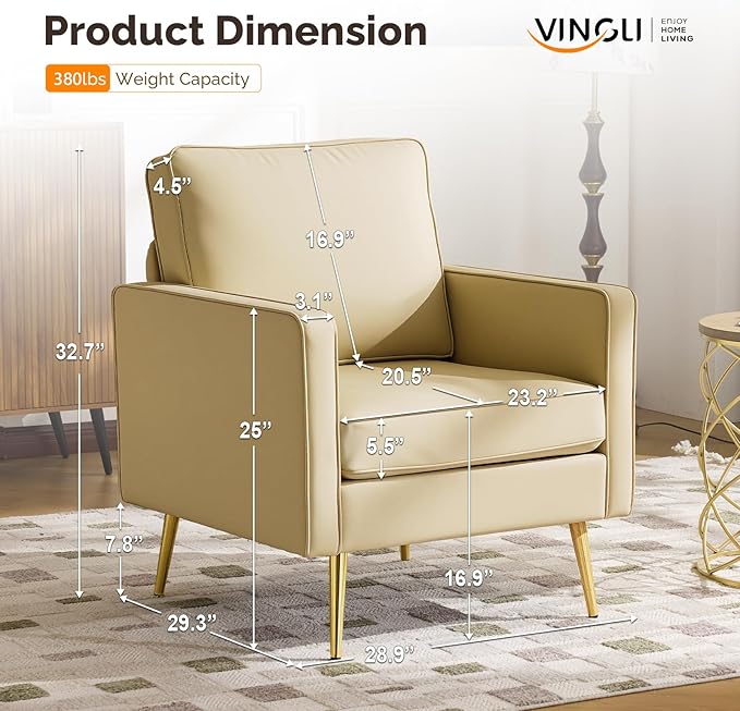 VINGLI Modern PU Leather Accent Chairs Set of 2 Single Sofa Chair with Pocket Coil Seat Metal Backrest &amp Solid Wood Frame Upholstered Armchair for Living Room Bedroom or Office