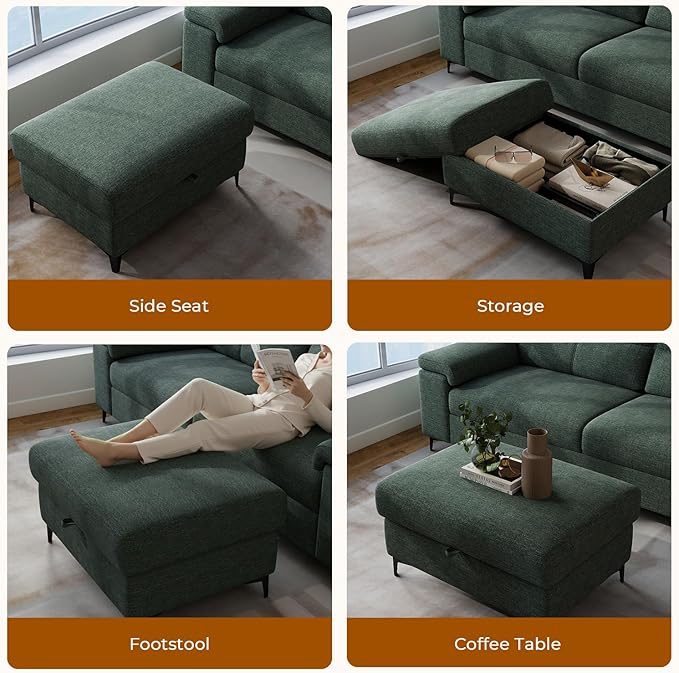 35 Large Storage Ottoman for Living Room 7.8 Deep Seat Rectangular Ottoman Foot Rest for Couch Chenille Storage Footstool Load 350 lb （Green）