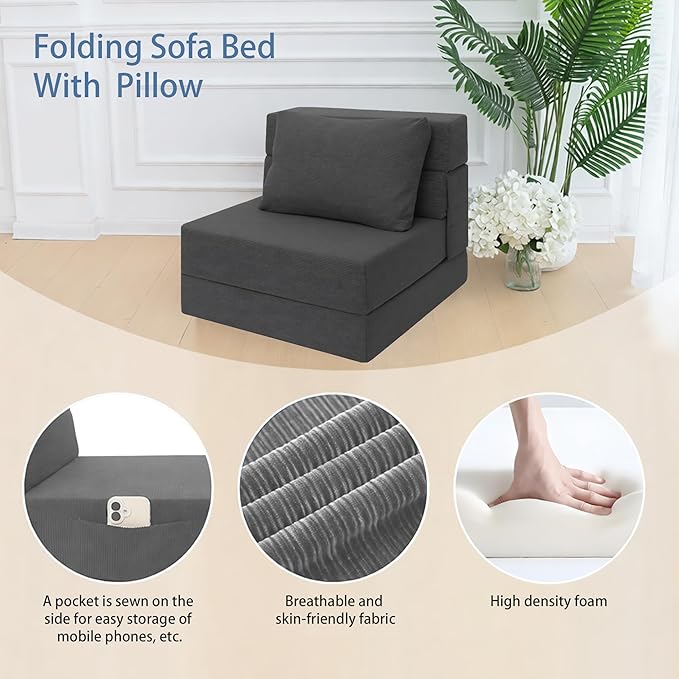 Sofa Bed Foldable Mattress Folding Sleeper Sofa Chair Bed Floor Mattress with Pillow for Living Room Home Office (Dark Gray -Corduroy Single)