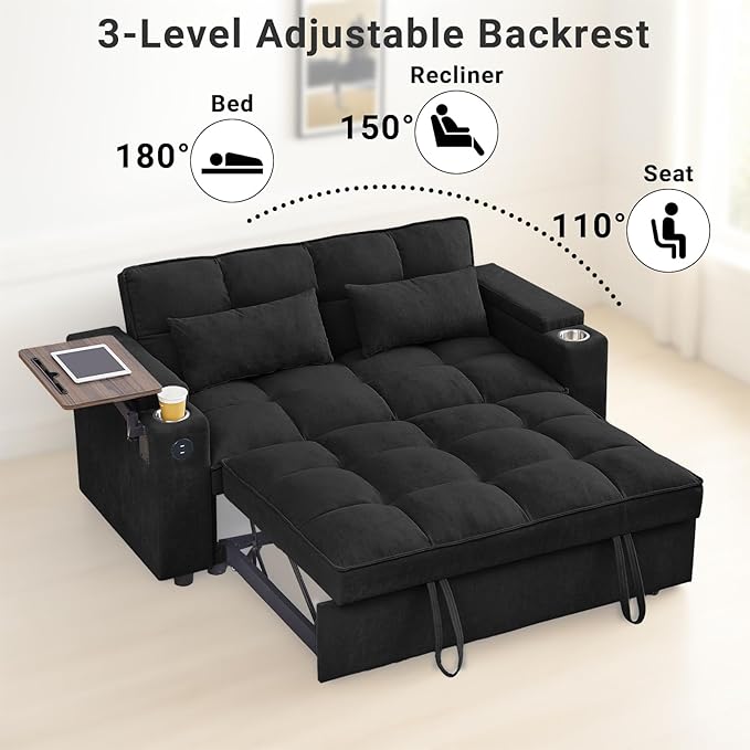 3 in 1 Sofa Bed 65 Inches Convertible Loveseat Sleeper with Side Table Pull Out Couch with 3 Level Adjustable Backrest Chaise Lounge with USB and Type-C Ports for Living Room Jet Black