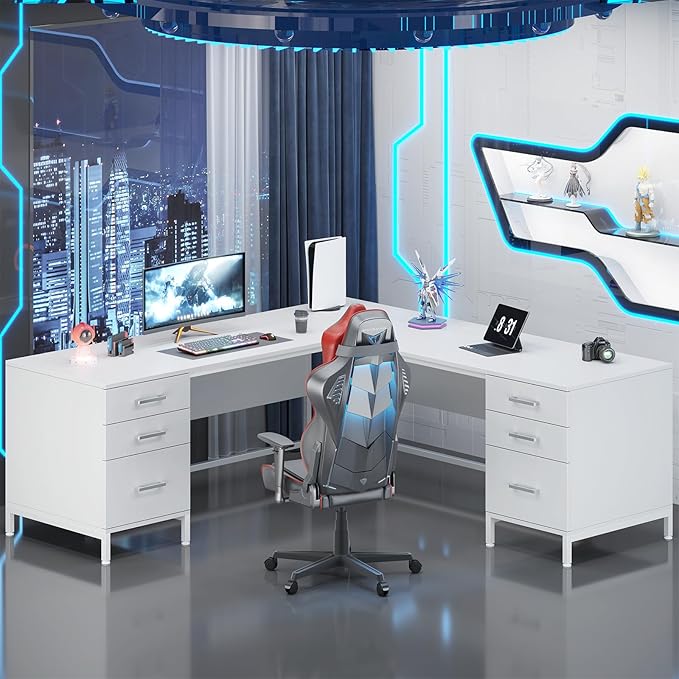 TVU 59’’ L Shaped Desk with 6 Wooden Drawers Large Home Office Corner Computer Desk with Storage File Cabinet Modern Metal Wood Desk for Executive Writing Study Workstation White