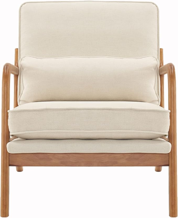 i-POOK Accent Chair Mid-Century Linen Fabric Upholstered Armchair with Pillow and Back Cushion Comfy Single Sofa Chair with Solid Wood Legs Reading Chair for Living Room Bedroom Office Off-White