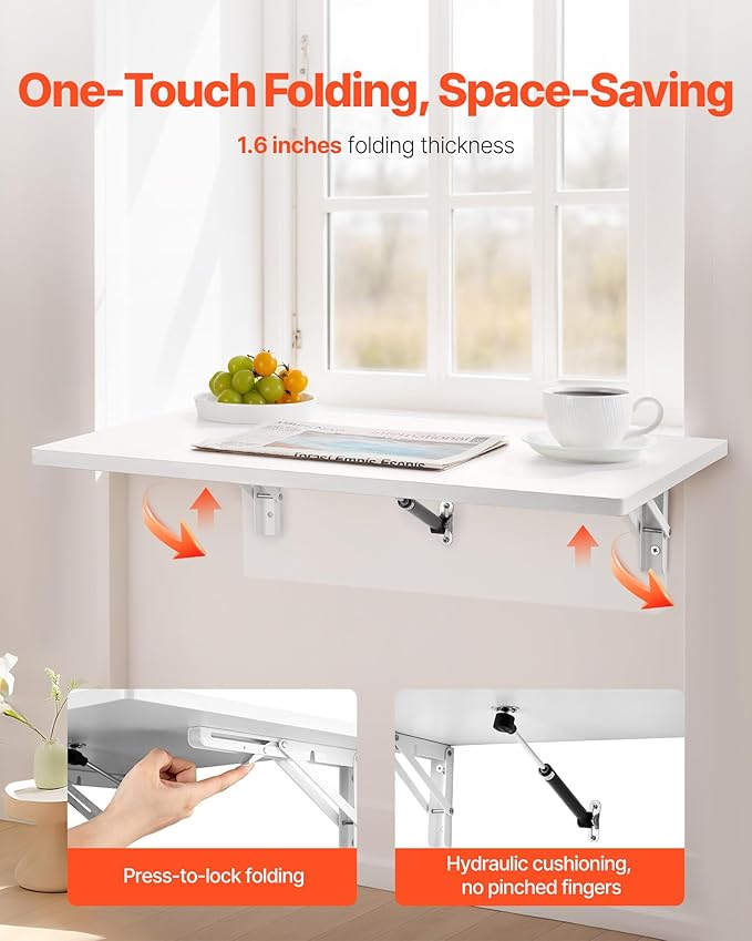 VEVOR Wall Mounted Folding Table 23.6 x 15.7 inches Wall Mount Table Floating Desk with Iron Bracket for Small Spaces Home Office Dining Laundry Room Kitchen Bar White