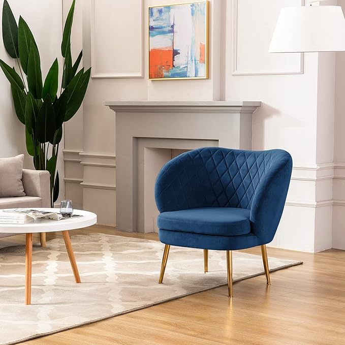 DUHOME Velvet Accent Chair with Barrel Backrest Upholstered Armchair Single Sofa for Living Room Bedroom Dining Room Blue