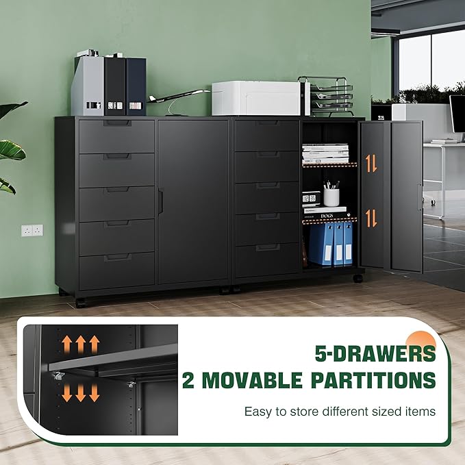 Letaya 5 Drawer Storage Cabinet Mobile Printer Stand for Home OfficeDresser Chest with Shelves and Door(Black)