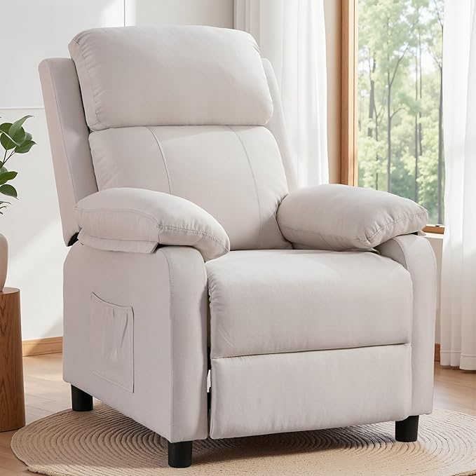Recliner Chair Living Room Chairs for Adults Padded Deep Seat Reading Chair with Side Pockets Small Recliners for Small Spaces Lounge Chair for Living Room Bedroom and RV (Linen)