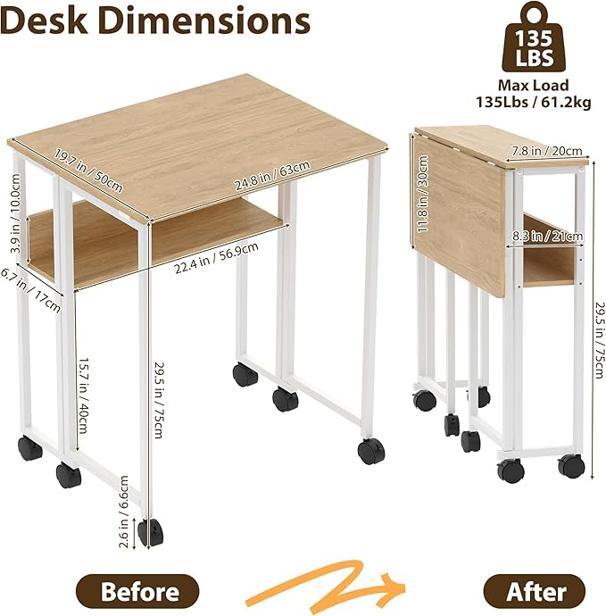 Folding Desk with Storage Shelf24.8 Inch Foldable Computer Desk for Small Spaces Small Rolling DeskSpace Saving Sofa Table with Wheels for Home Office Study Easy AssemblyOak