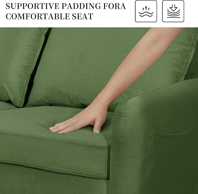 56.1 Round Arm Velvet Loveseat with Side Pockets and a Square Pillow (Army Green) | Side Storage Pockets Pillow Included