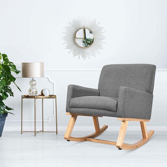 Giantex Upholstered Rocking Chair with Fabric Padded Seat and Solid Wood Base Comfortable Rocker for Living Room Bedroom Study Room Office Rocking Armchair (Gray)
