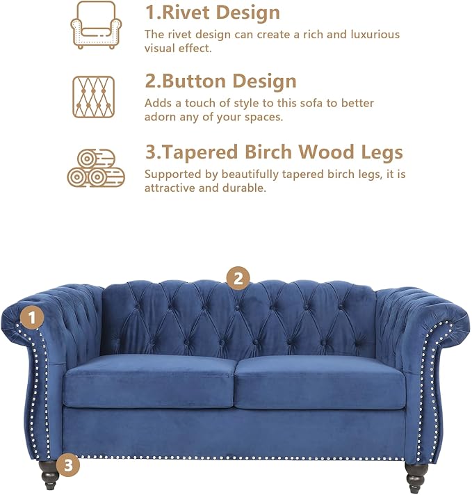 2 Seater Sofa Velvet Chesterfield Sofa Modern Tufted Couch 2 Seater Large Sofa with Scroll Arms and Nailhead for Living Room Blue