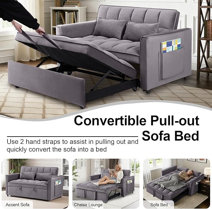 3 in 1 Convertible Sofa Bed Pull Out Couch with Adjustable Backrest Velvet Sleeper Sofa Loveseat with Pillows and Side Pockets for Living Room Bedroom Apartment Dark Grey
