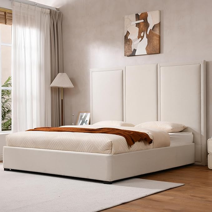 YUHUASHI King Size Bed Frame with 64-inch High Headboard Simple and Airy Linen Upholstered Platform Bed with Storage Drawers Wood Slat No Noise (Beige King(Hydraulic Lift))