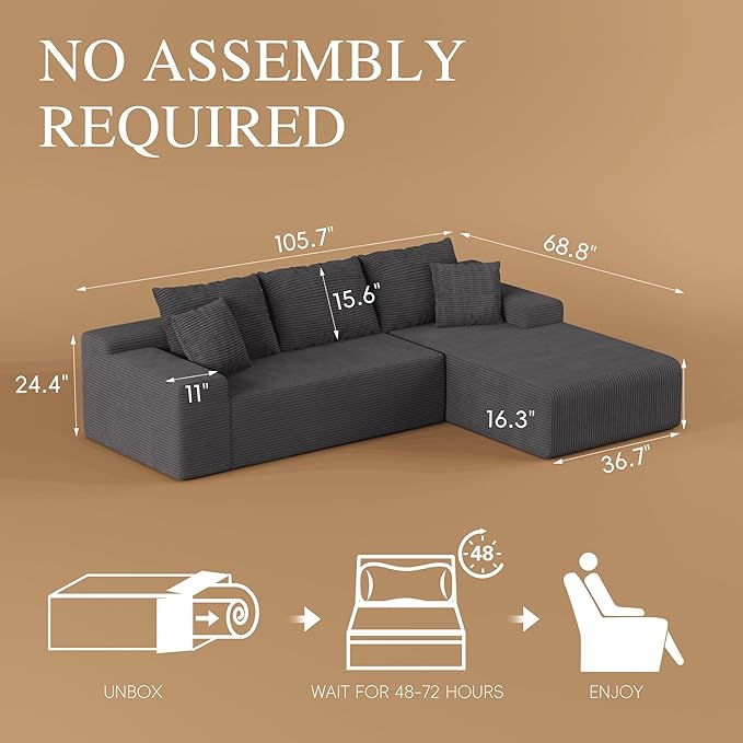 NAYA 106” Modular Sectional Sofa Cloud Sectional Couch with Deep Seat Modern Modular L-Shape Sofa Boneless Couch with Chaise for Living Room Bedroom (Grey Right Facing Chaise)