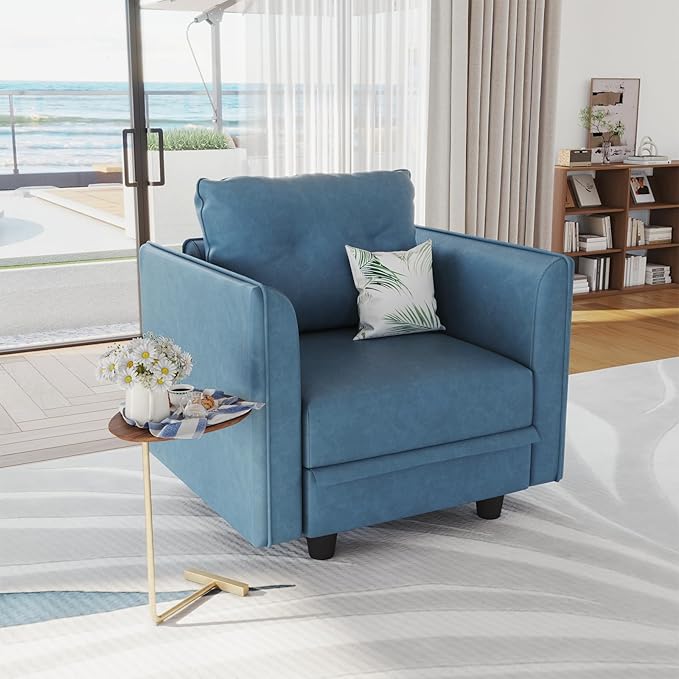 LLappuil Modern Faux Leather Fabric Modular Sectional Armchair with Storage Seat Club Chair Arm Accent Chair for Apartment Bedroom Navy Blue