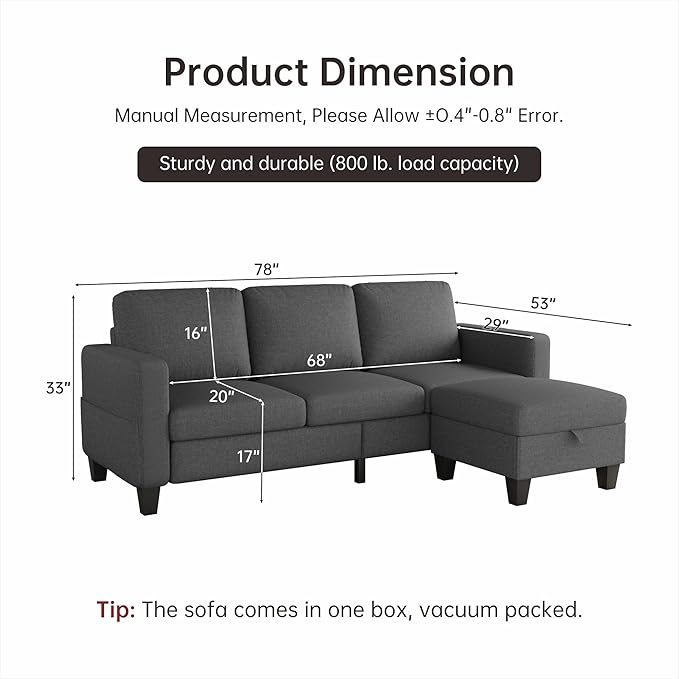 Youmumeub Sectional Couches for Living Room - Convertible Sofa and Storage Bench79''Modern Corner ConfigurationSuitable for Living Room Apartment Bedroom and Office-Dark Gray | Washable Covers Re