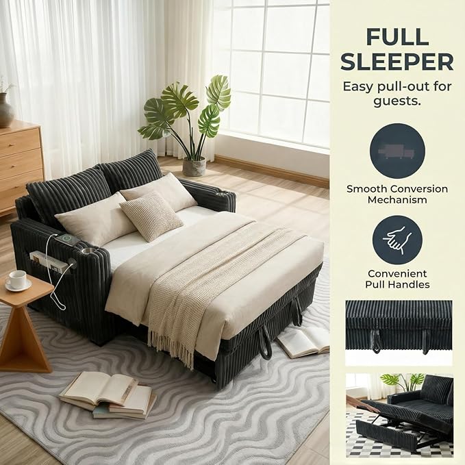 Dreamzie 53 Pull Out Couch 3 in 1 Convertible Sleeper Sofa Bed Corduroy Fabric Double Loveset with Pull Out Bed USB Port Side Pockets and Cup Holders for Living Room and Apartment Gray