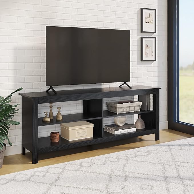 Panana Modern TV Stand with 4 Open Shelves 55inch Entertainment Center for TVs up to 65inch Medial TV Console Table Cabinet for Living Room (Black)