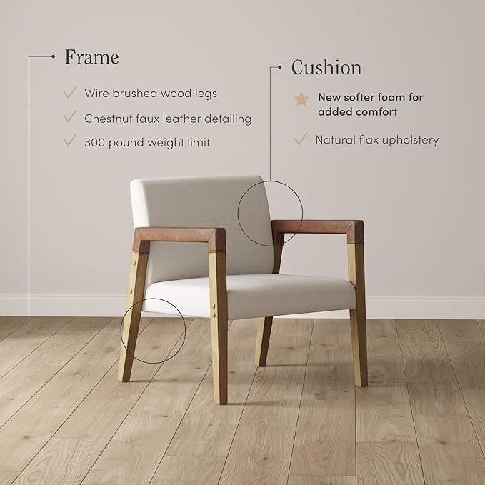 Nathan James Hudson Accent Living Room Chair Comfy Reading Bedroom Chair Mid-Century Wood Armchair Upholstered Fabric and Leather Armrest