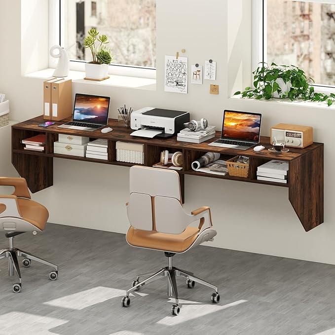 Giantex Wall-Mounted Computer Desk Floating Laptop Desk with 3 Storage Compartments Space-Saving Home Office Workstation Vanity Table for Bedroom Study Living Room (Rustic Brown)