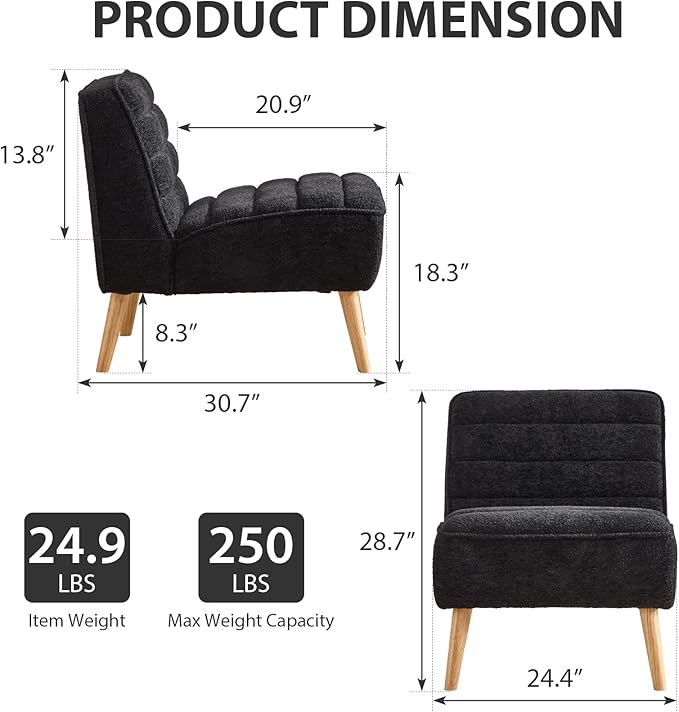 Armless Accent Chairs Set of 2 Single Sofa Chair Mini Cute Side Sofa with Sherpa Fabric Upholstered Cushion for Small Space Apartment Bedroom Living Room Black.