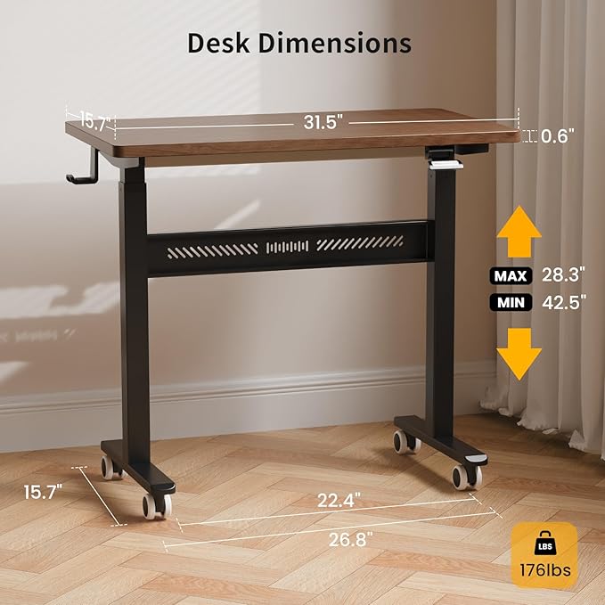 Mobile Standing Desk with Wheels 32 inch Pneumatic Height Adjustable Desk for Walking Pad Small Rolling Computer Workstation Portable Sit Stand Desk for Home Office 28-43 Tall Mahogany