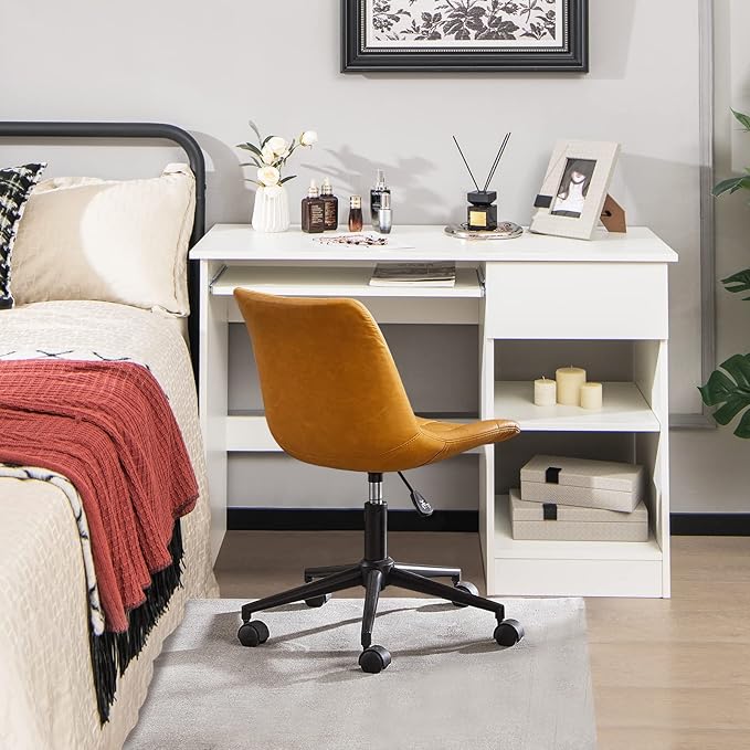 White Computer Desk with Drawers Modern Office Desk with Keyboard Tray and Open Storage Shelf Work Desk for Home Office Small Computer Desk for Small Spaces…