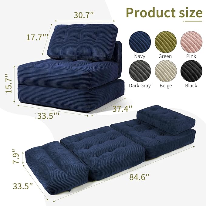 Art3d Folding Sofa Bed Convertible Sleeper Sofa Bed with Pilow &amp Back Support 3 in 1 Long Futon Boneless Couch Comfy Floor Couch for Living Room Bedroom Navy Blue